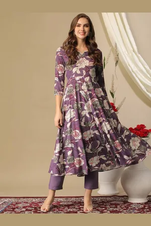 Moda Rapido Purple Floral Printed Notch Neck Raw Silk Anarkali Kurta With Trousers