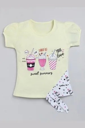 YK Girls Graphic Printed Puff Sleeves Pure Cotton Casual T-shirt