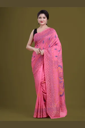 HOUSE OF ARLI Ethnic Motifs Embroidered Kantha Work Art Silk Saree