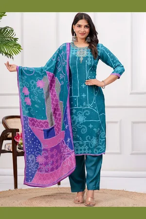 EtnicaWear Women Ethnic Motifs Printed Pleated Pure Silk Kurta with Trousers & With Dupatta