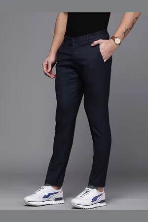 Louis Philippe Louis Philippe Ath Work Men Navy Blue Checked Comfort Tapered Fit Trousers