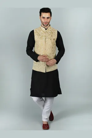 Exotic India Beige Nehru Jacket Waist Coat with Delicate Thread Embroidery and Sequin Work