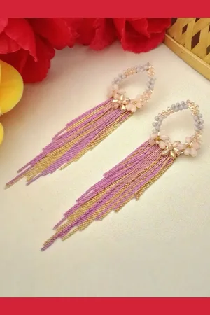 DIVASTRI Gold-Plated Artificial Stones Studded & Beaded Contemporary Shaped Drop Earrings