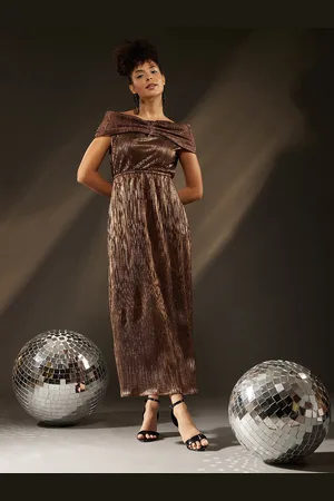 ATRAENTA Striped Off-Shoulder Satin Maxi Dress