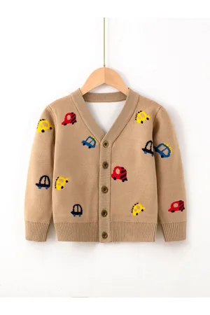 Stylecast Boys Brown Graphic Printed Front Open Sweater