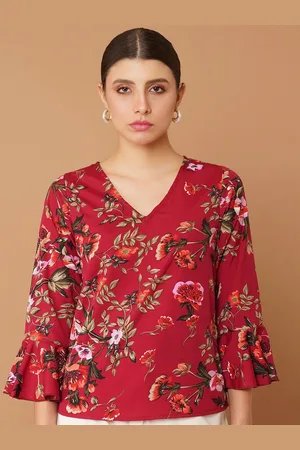 Chemistry Women Floral Printed V-Neck Bell Sleeve Crepe Top