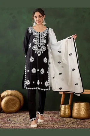 MANVAA Floral Embroidered Straight Thread Work Kurta With Trousers And Dupatta