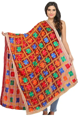 Exotic India Ruby Wine Phulkari Chiffon Dupatta with Embroidery All-Over