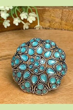I Jewels Turquoise Blue & Silver-Toned Rhodium Plated Kundan Handcrafted Finger Ring