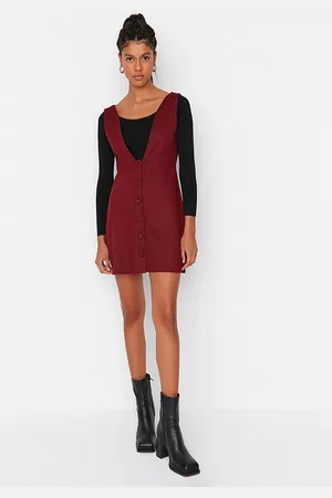 Trendyol Women Burgundy Solid Pinafore Mini Dress