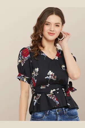 Chemistry Floral Print Puff Sleeve Crepe Peplum Top