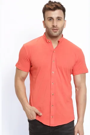GESPO Men Peach-Coloured Solid Mandarin Collar T-shirt