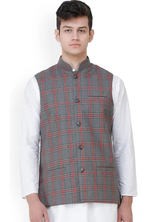 Exotic India Excalibur Double Check Pattern Nehru Jacket with Front Pockets