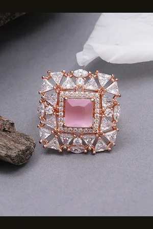 karatcart Rose Gold-Plated Pink & White CZ Studded Finger Ring