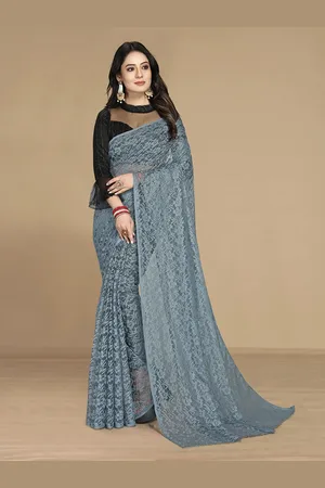 Kalini Women Grey Floral Net Saree With Unstitched Blouse