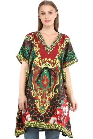 Exotic India Ribbon Red All-Over Florals Printed Viscose Short Kaftan with Dori at Waist