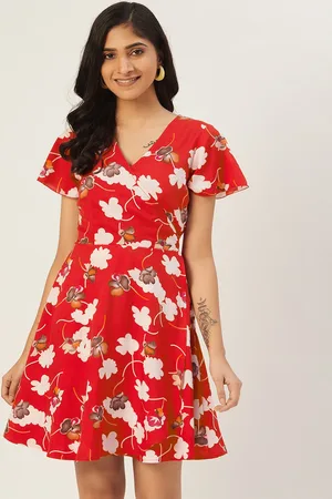 DODO & MOA Women Red & White Floral Print Wrap Dress