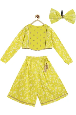 Tiber Taber Infant Girls Yellow Printed Pure Cotton Clothing Set With Bow Hairclip