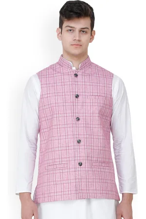 Exotic India Pastel Lavender Double Check Pattern Nehru Jacket with Front Pockets
