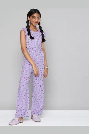 HERE&NOW Girls Purple & Pink Floral Printed Jumpsuit with Ruffles