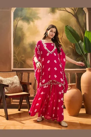 Sangria Bandhej Printed Kaftan & Tube Top With Sharara