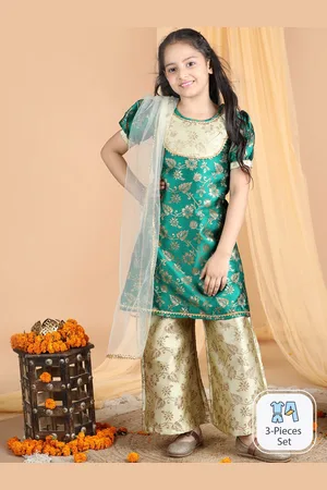 Cutiekins Girls Woven Design Puffed Sleeves Gotta Patti Kurta with Palazzos & With Dupatta