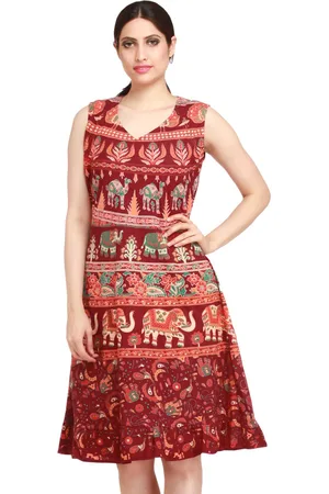 Exotic India Tawny Port Elephants and Camels Printed Pure Cotton Summer Dress