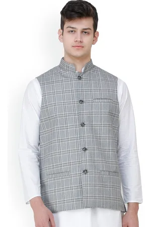 Exotic India Double Check Pattern Polywool Nehru Jacket with Front Pockets