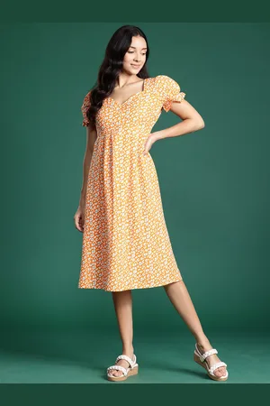 DressBerry Printed Puff Sleeves Fit & Flare Midi Dress
