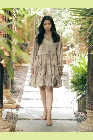 Exotic India Vintage Pure Silk Frill Oxford Tan Dress