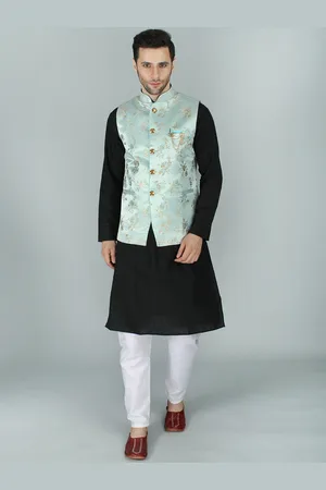 Exotic India Pastel Blue Ethnic Party Wear Floral Brocade Nehru Jacket Waist Coat