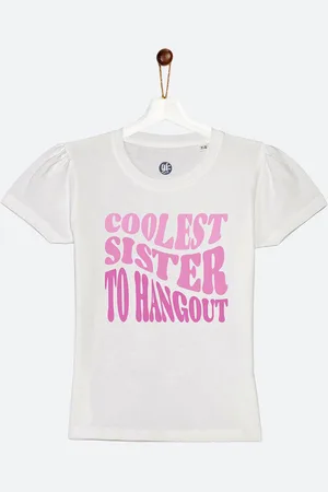 YK Girls White & Pink Sis Sibling Collection Printed Cotton T-shirt