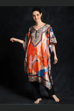 Exotic India Short Kaftan with African Print and Beadwork on Neck