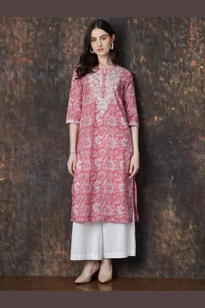 Lifestyle Floral Printed Thread Work Keyhole Neck Straight Kurta