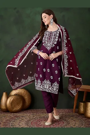 MANVAA Floral Embroidered Straight Thread Work Kurta With Trousers And Dupatta