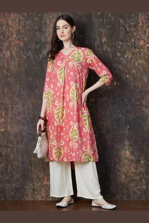 Lifestyle Floral Printed Pleated V-Neck A-Line Kurta