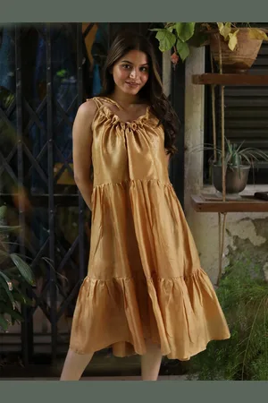 Exotic India Pale Gold Assorted Vintage Pure Silk Ruffle Dress