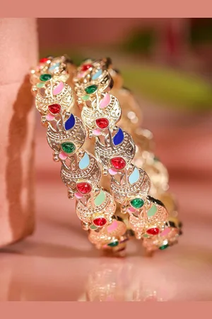 Rubans Set of 2 18K Gold Plated Multicolor Enamel & Zirconia Stone Crescent Motif Bangles