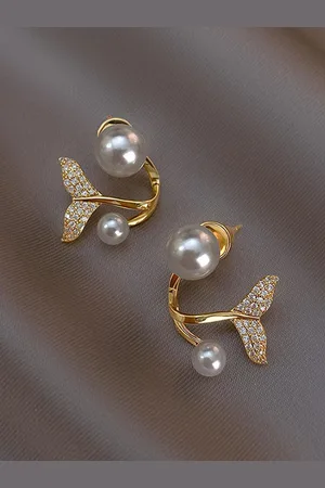 Krelin Gold-Plated Pearl-Studded Fish Tail Studs Earrings