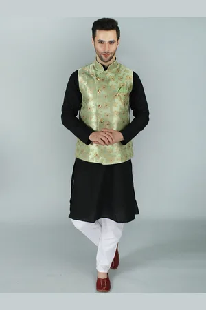 Exotic India Foam Green Asymmetric Gold Brocade Ethnic Modi Jacket Waist Coat
