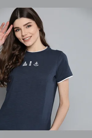 Mast & Harbour Women Navy Blue Pure Cotton Solid Round Neck T-shirt