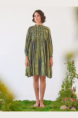 Baise Gaba Floral Printed Chiffon Smocked A-Line Knee Length Dress