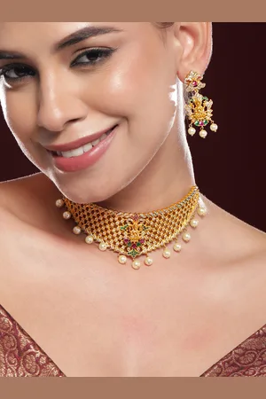Rubans 22K Gold-Plated Ruby & Emerald Cubic Zicronia Studded Divine Lakshmi Choker Set