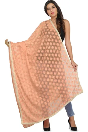 Exotic India Peach Nectar Phulkari Dupatta with Embroidered Bootis in Self-color Thread