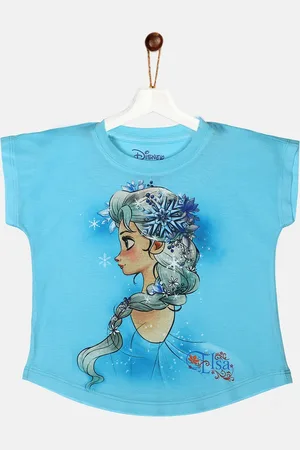 YK Girls Blue Printed Round Neck T-shirt