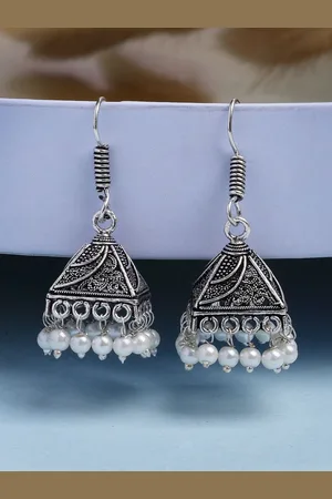 Anouk WomenOxidised Silver Plated White Artificial Beads Jhumka Earrings