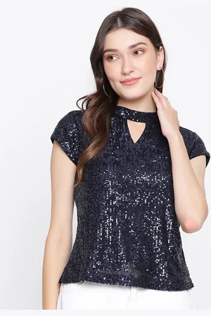 Latin Quarters Women Navy Blue Embellished Keyhole Neck Top