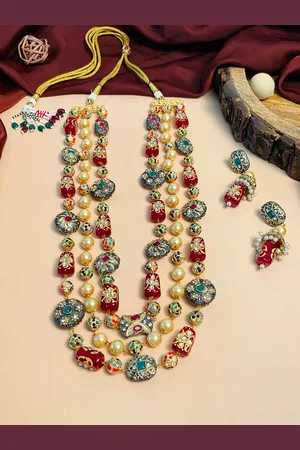 ABDESIGNS Gold-Plated Jaipuri Beaded Layered Necklace With Earrings