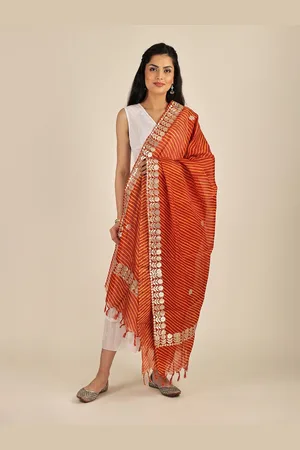 Exotic India Tomato Leheria Kota Doria Extra-Wide Jodhpuri Cotton Dupatta with Gota Border