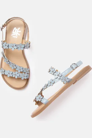 YK Girls Blue & Silver-Toned Floral Embellished Open Toe Flats